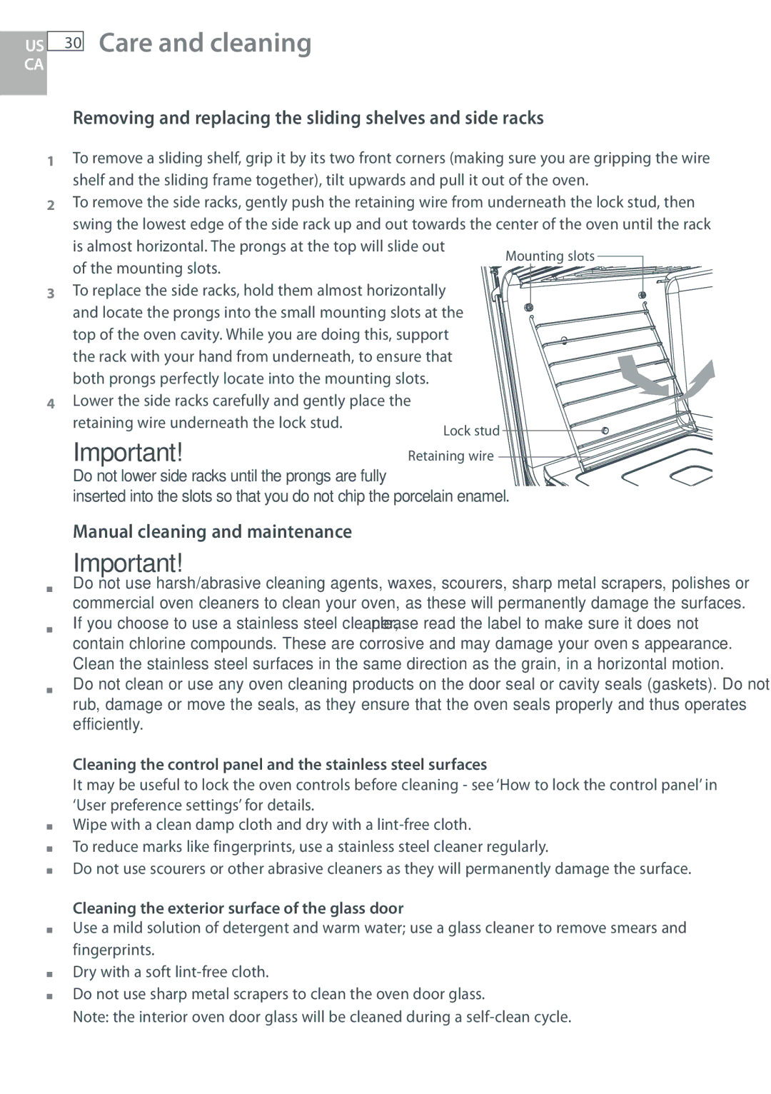 DCS WOUD230 Care and cleaning, Removing and replacing the sliding shelves and side racks, Manual cleaning and maintenance 