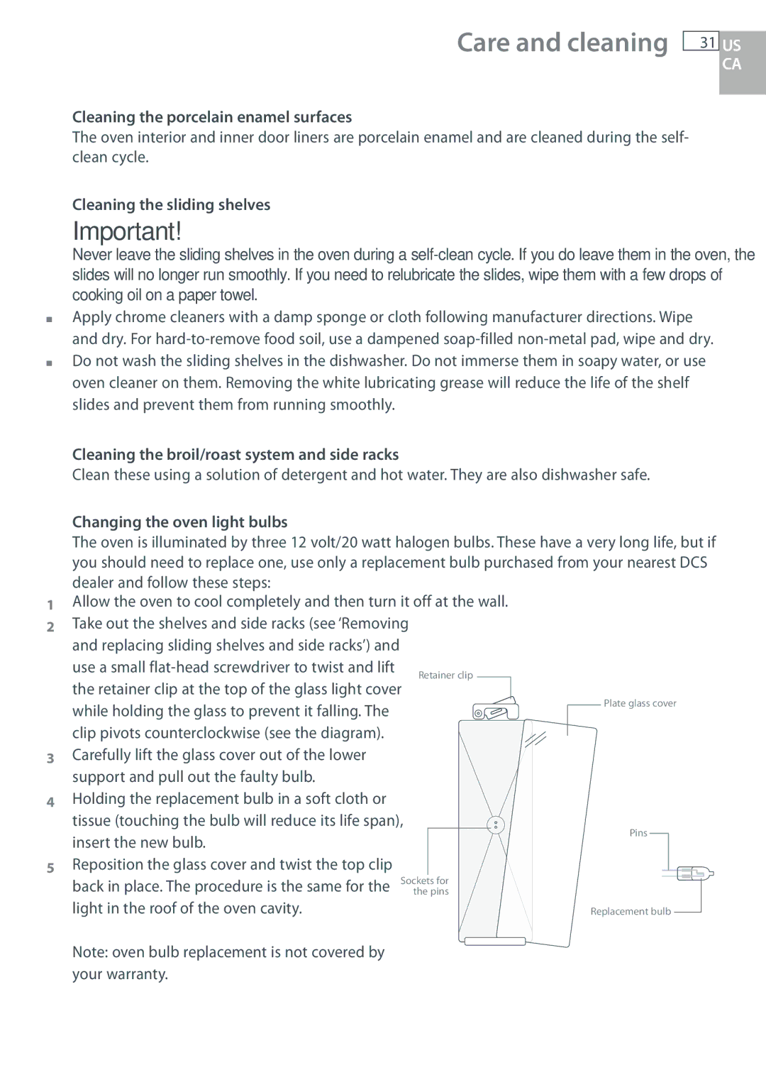 DCS WOU130, WOUD230, WOSU30 Care and cleaning 31 US, Cleaning the porcelain enamel surfaces, Cleaning the sliding shelves 