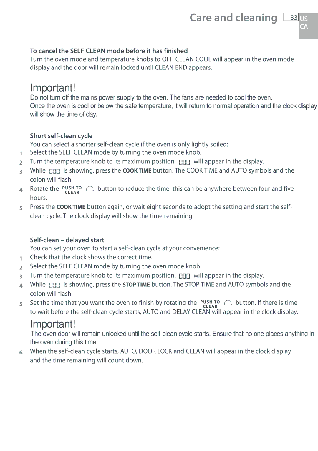 DCS WODU30 To cancel the Self Clean mode before it has finished, Short self-clean cycle, Rotate, Self-clean delayed start 