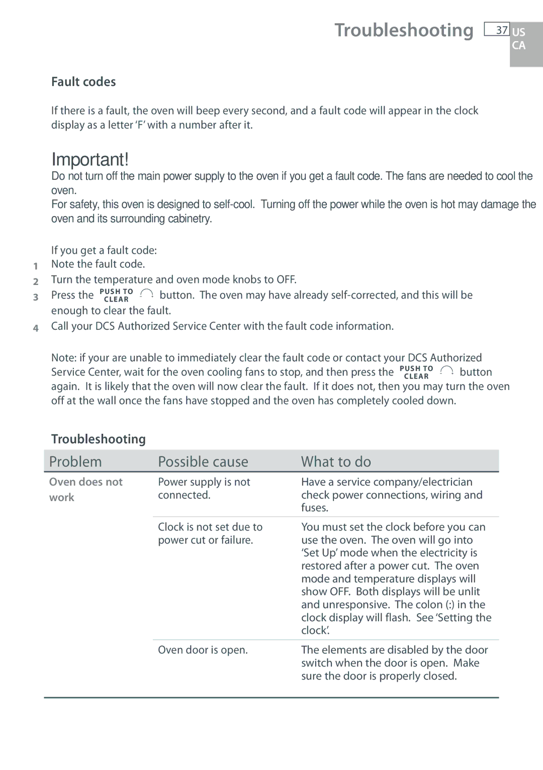 DCS WODU30, WOUD230, WOU130, WOSU30 manual Troubleshooting, Fault codes 