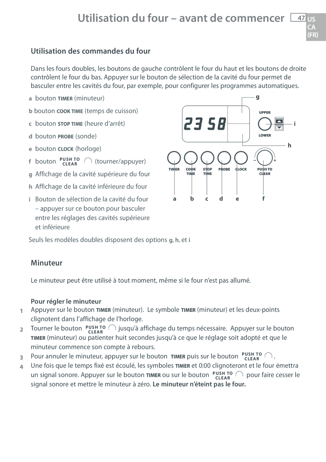 DCS WOU130 Utilisation des commandes du four, Minuteur, Bouton de sélection de la cavité du four, Pour régler le minuteur 