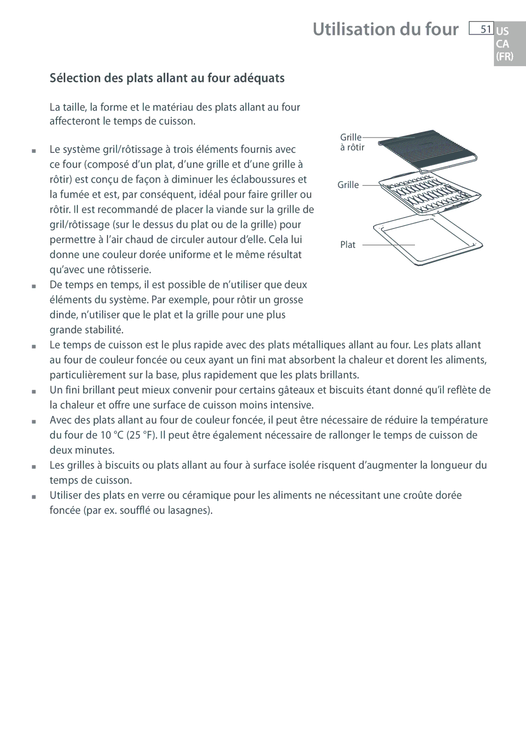 DCS WOU130, WOUD230, WOSU30, WODU30 manual Sélection des plats allant au four adéquats 