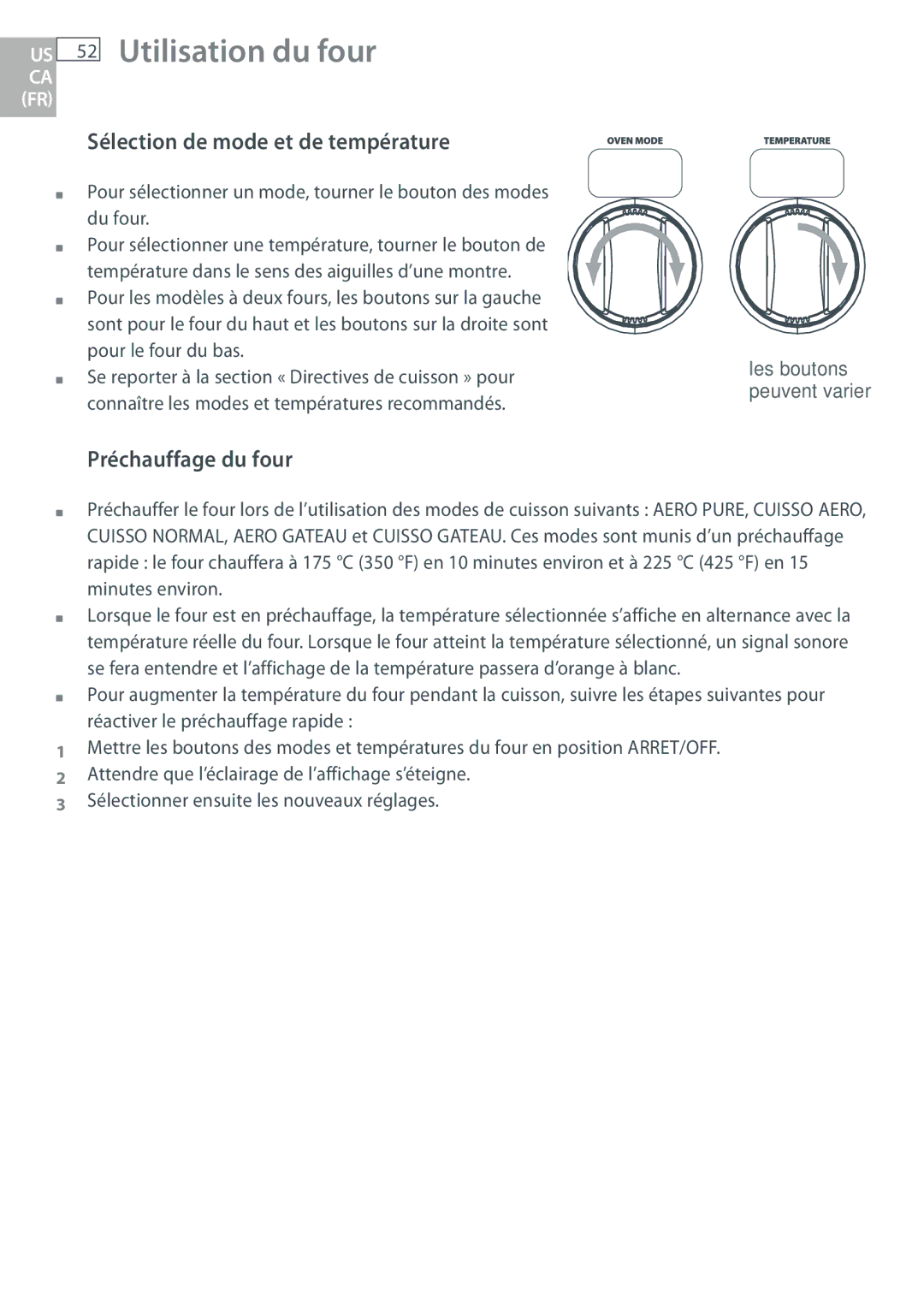 DCS WOSU30, WOUD230, WOU130, WODU30 manual Sélection de mode et de température, Préchauffage du four 