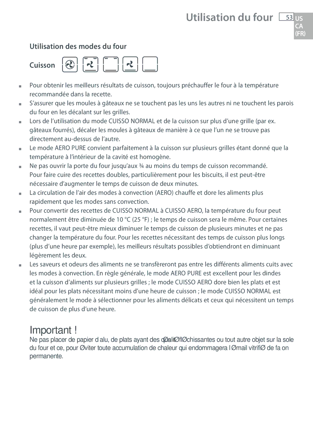 DCS WODU30, WOUD230, WOU130, WOSU30 manual Utilisation des modes du four Cuisson 