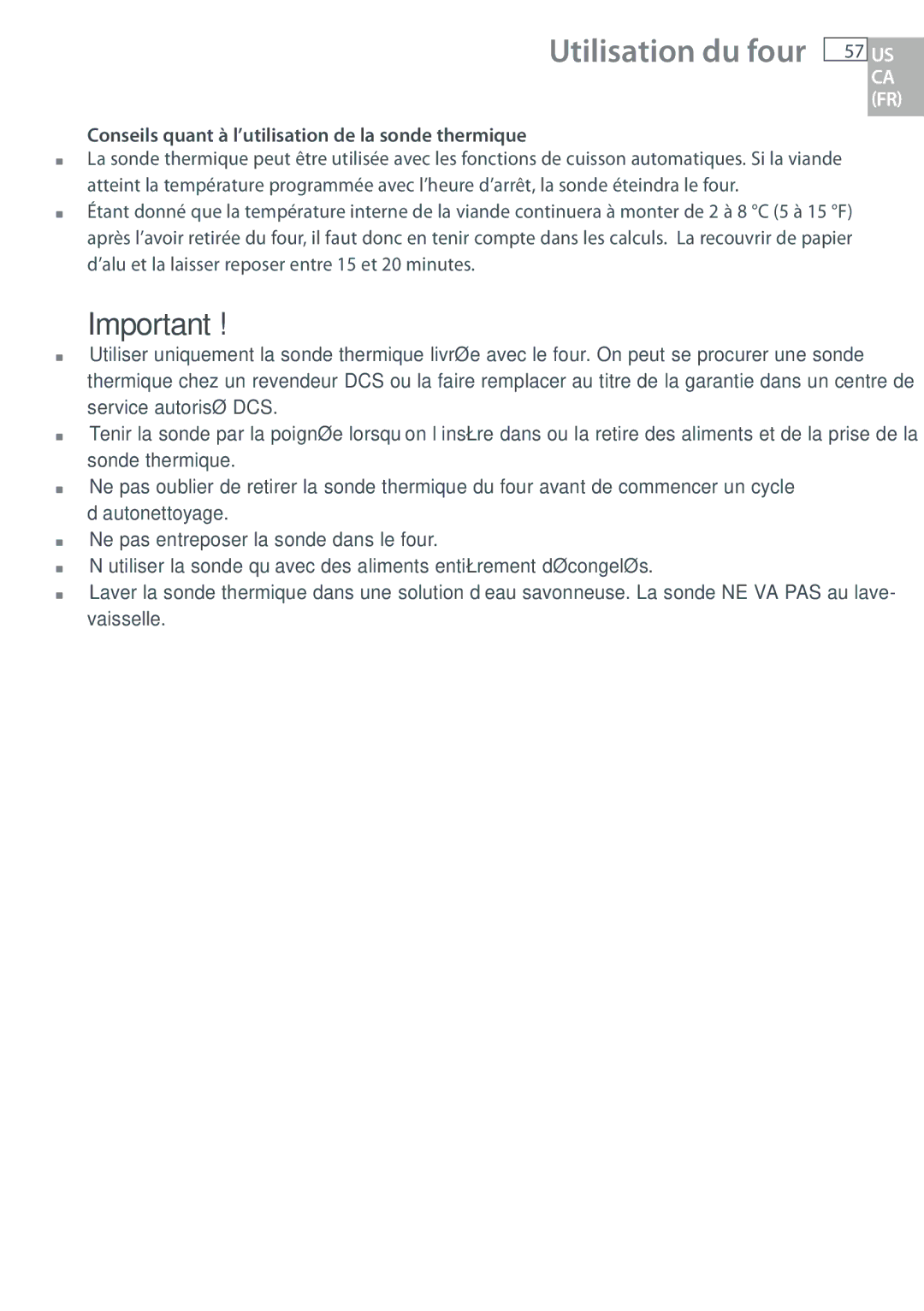 DCS WODU30, WOUD230, WOU130, WOSU30 manual Conseils quant à l’utilisation de la sonde thermique 