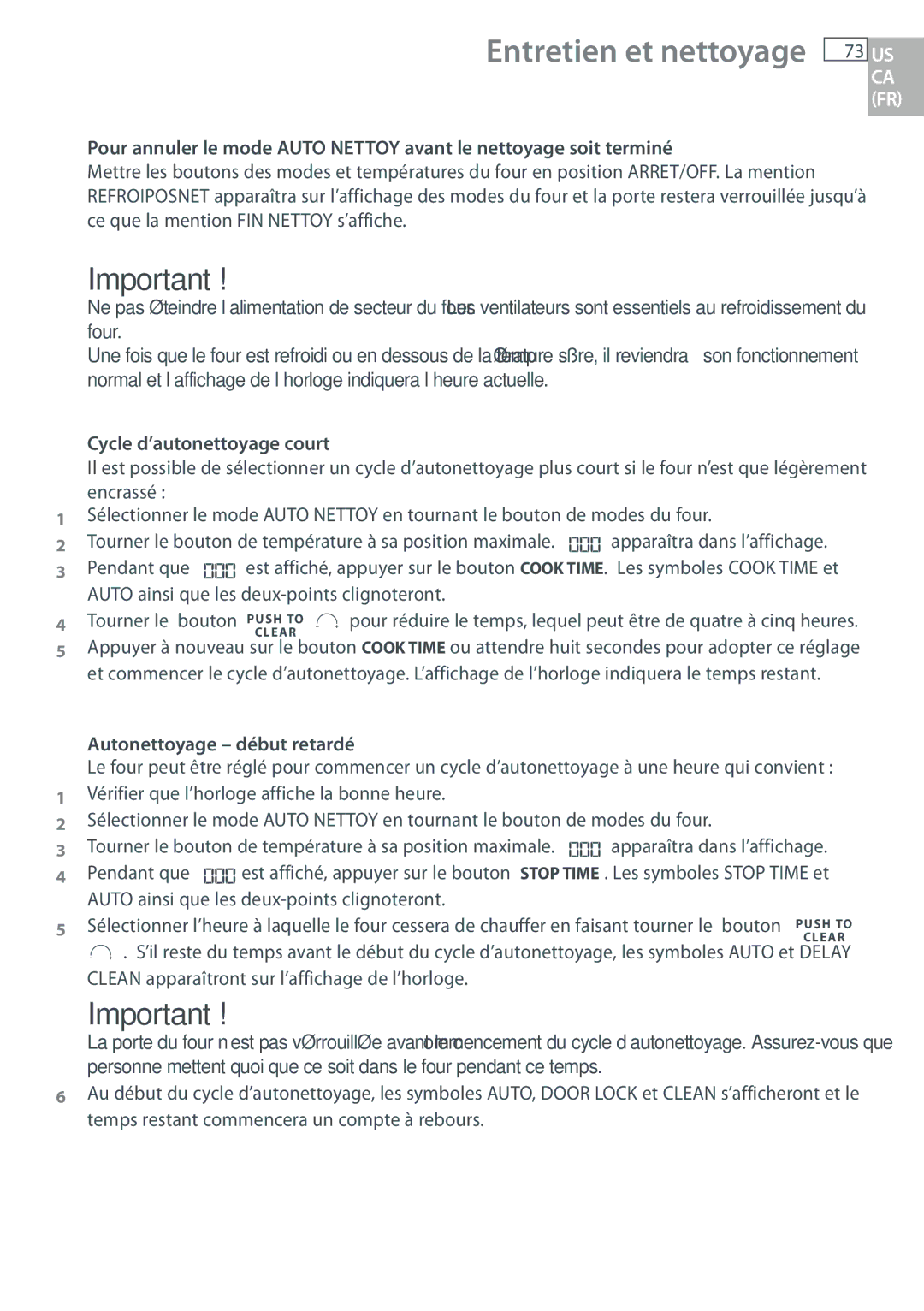 DCS WODU30, WOUD230, WOU130, WOSU30 manual Cycle d’autonettoyage court, Autonettoyage début retardé 