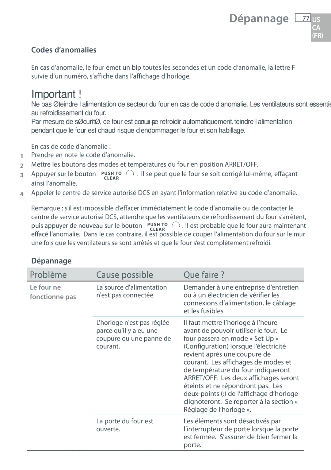 DCS WODU30, WOUD230, WOU130, WOSU30 manual Dépannage, Codes d’anomalies 