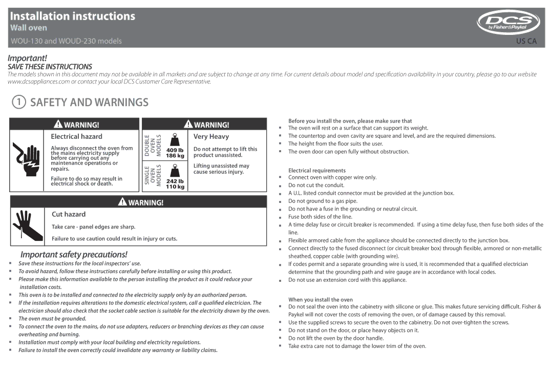 DCS WOU130, WOUD230 installation instructions Safety and Warnings, Electrical hazard 