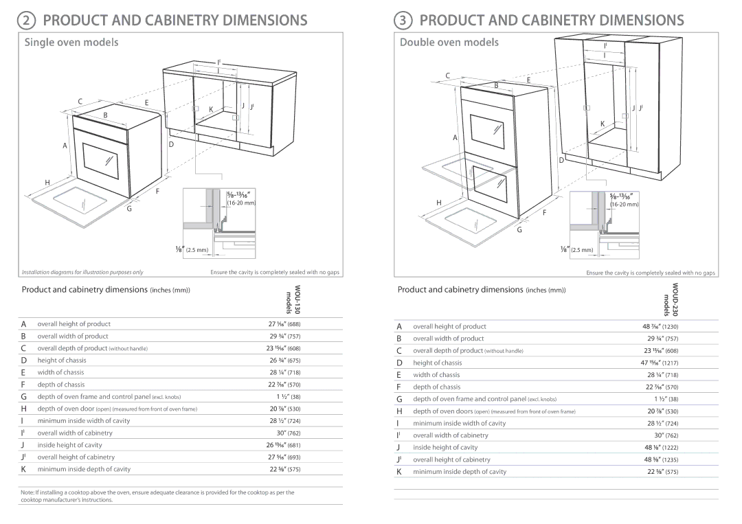 DCS WOUD230, WOU130 installation instructions Product and Cabinetry Dimensions, Single oven models Double oven models 