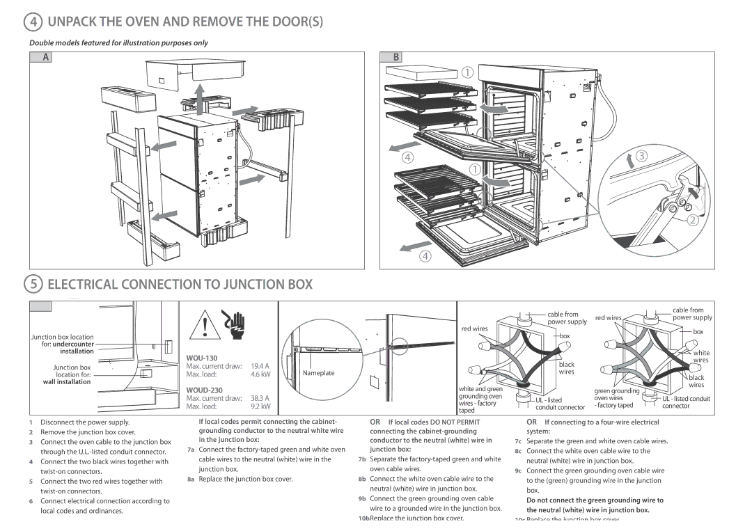 DCS WOU130, WOUD230 installation instructions Unpack the Oven and Remove the Doors, Electrical Connection to Junction BOX 