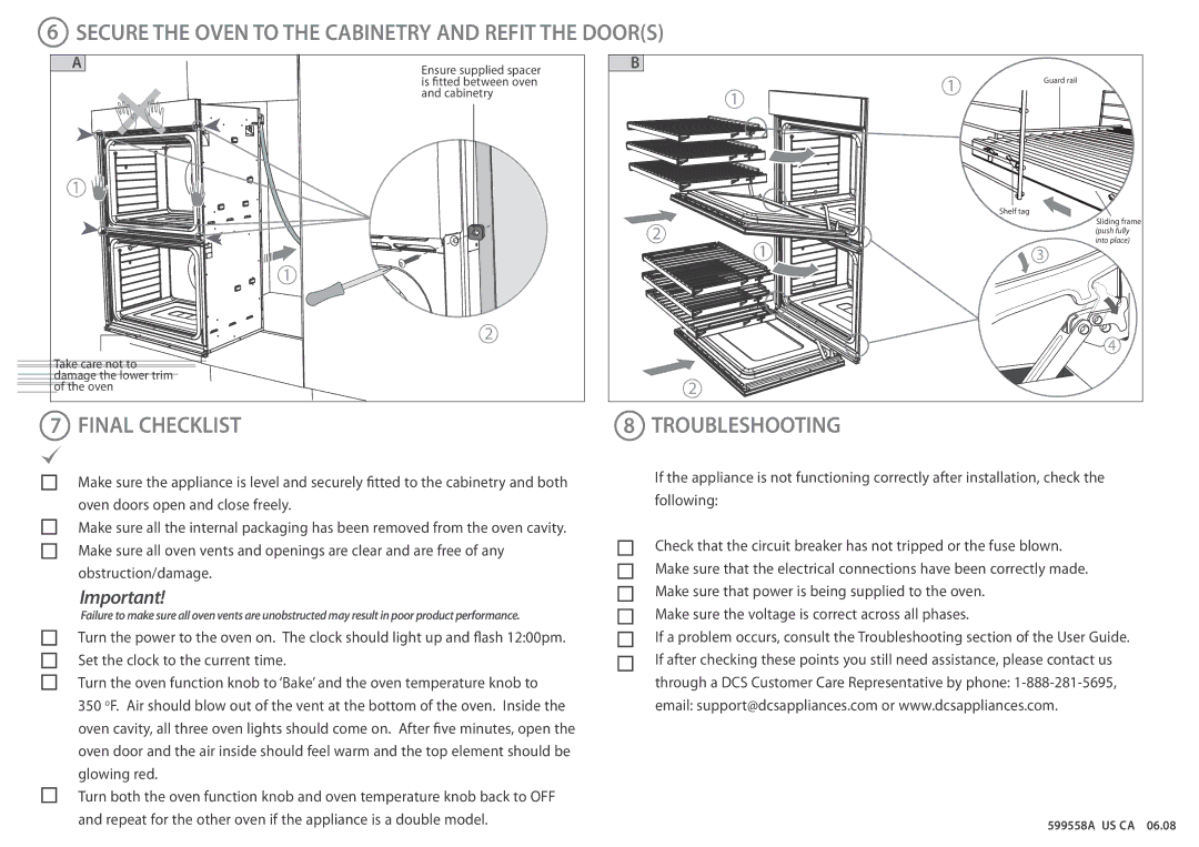 DCS WOUD230, WOU130 installation instructions Secure the Oven to the Cabinetry and Refit the Doors, Final Checklist 