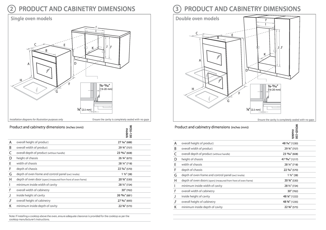 DCS WOUD230, WOU130 installation instructions Product And Cabinetry Dimensions, Single oven models, Double oven models 