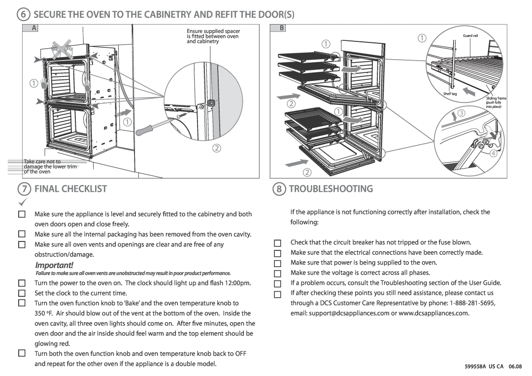DCS WOUD230, WOU130 Secure The Oven To The Cabinetry And Refit The Doors, Final Checklist, Troubleshooting 