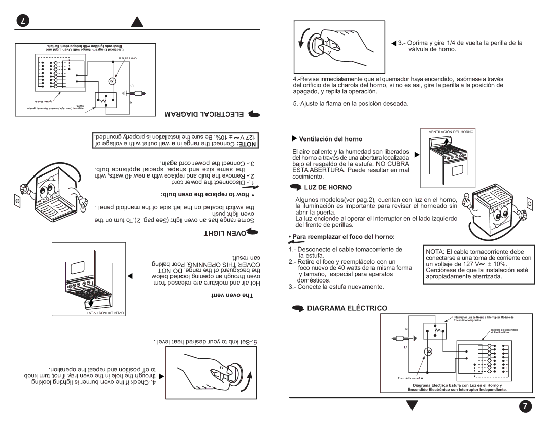 DDA SuperMatic SF13420 Ventilación del horno, Bulb oven the replace to How, Para reemplazar el foco del horno, Vent oven 