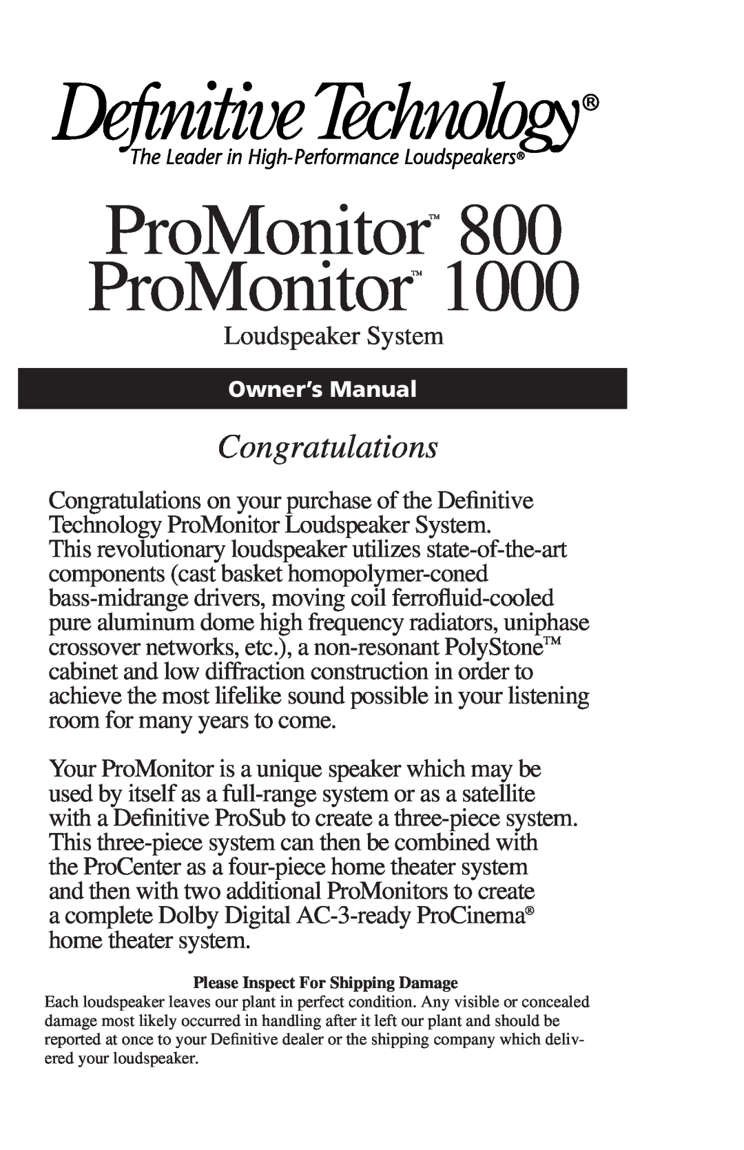 Definitive Technology 1000 owner manual ProMonitor 800 ProMonitor, Congratulations, Loudspeaker System 