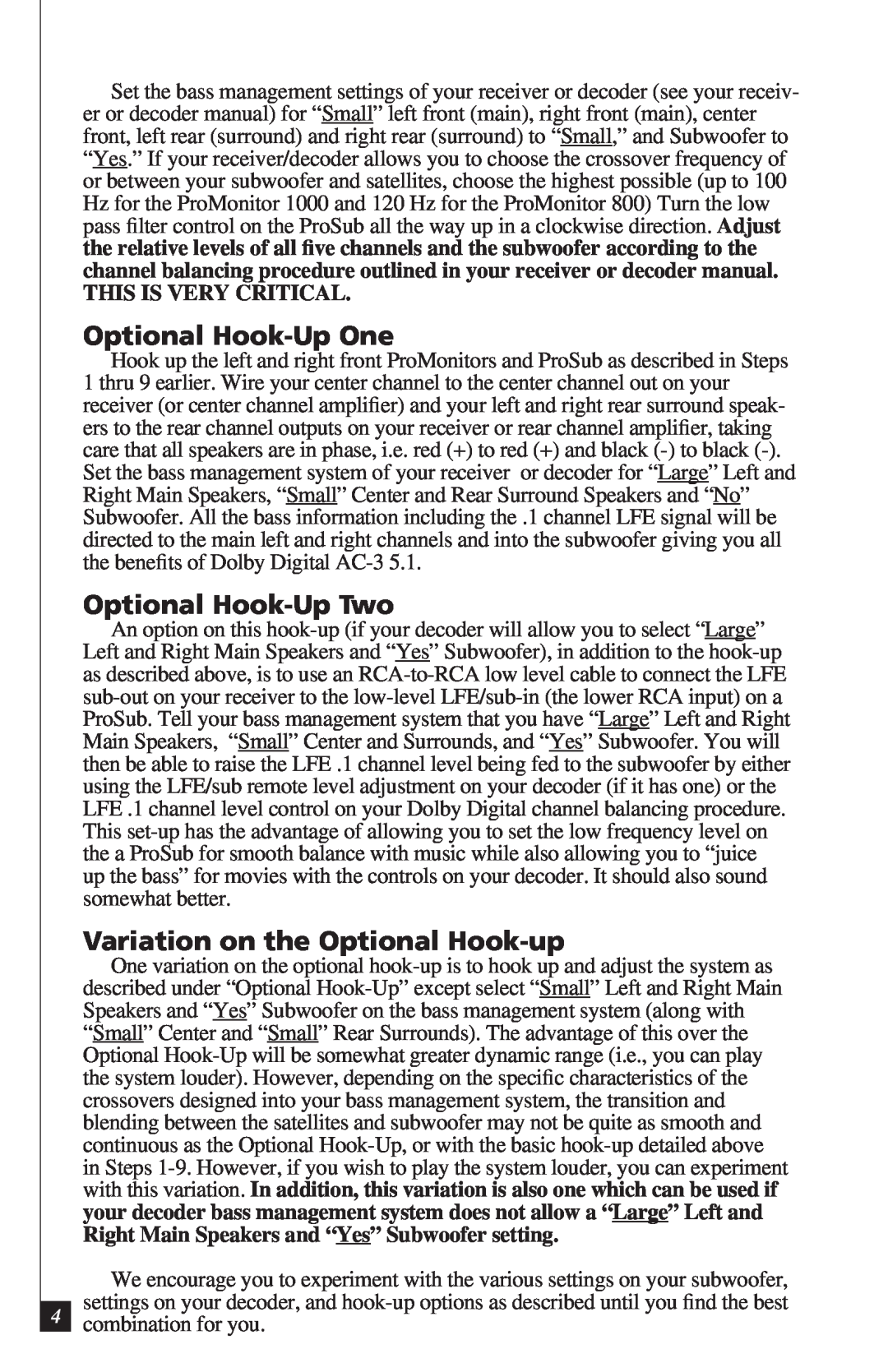Definitive Technology 1000 owner manual Optional Hook-UpOne, Optional Hook-UpTwo, Variation on the Optional Hook-up 