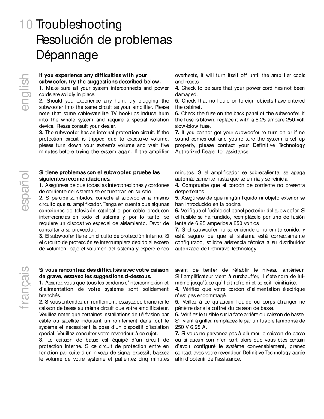 Definitive Technology 2000 owner manual Troubleshooting Resolución de problemas Dépannage 