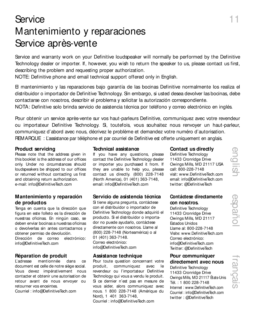 Definitive Technology 2000 owner manual Service Mantenimiento y reparaciones Service après-vente, Español français 