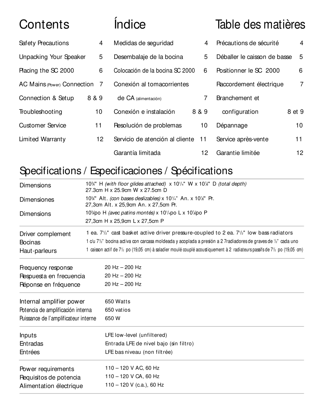 Definitive Technology 2000 owner manual Contents Índice 