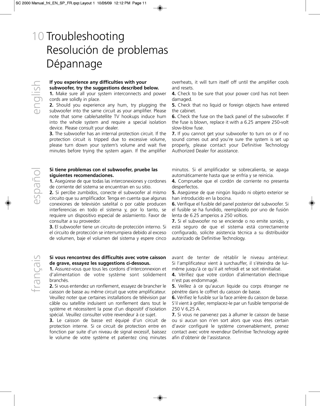 Definitive Technology 2000 owner manual Troubleshooting Resolución de problemas Dépannage, English 