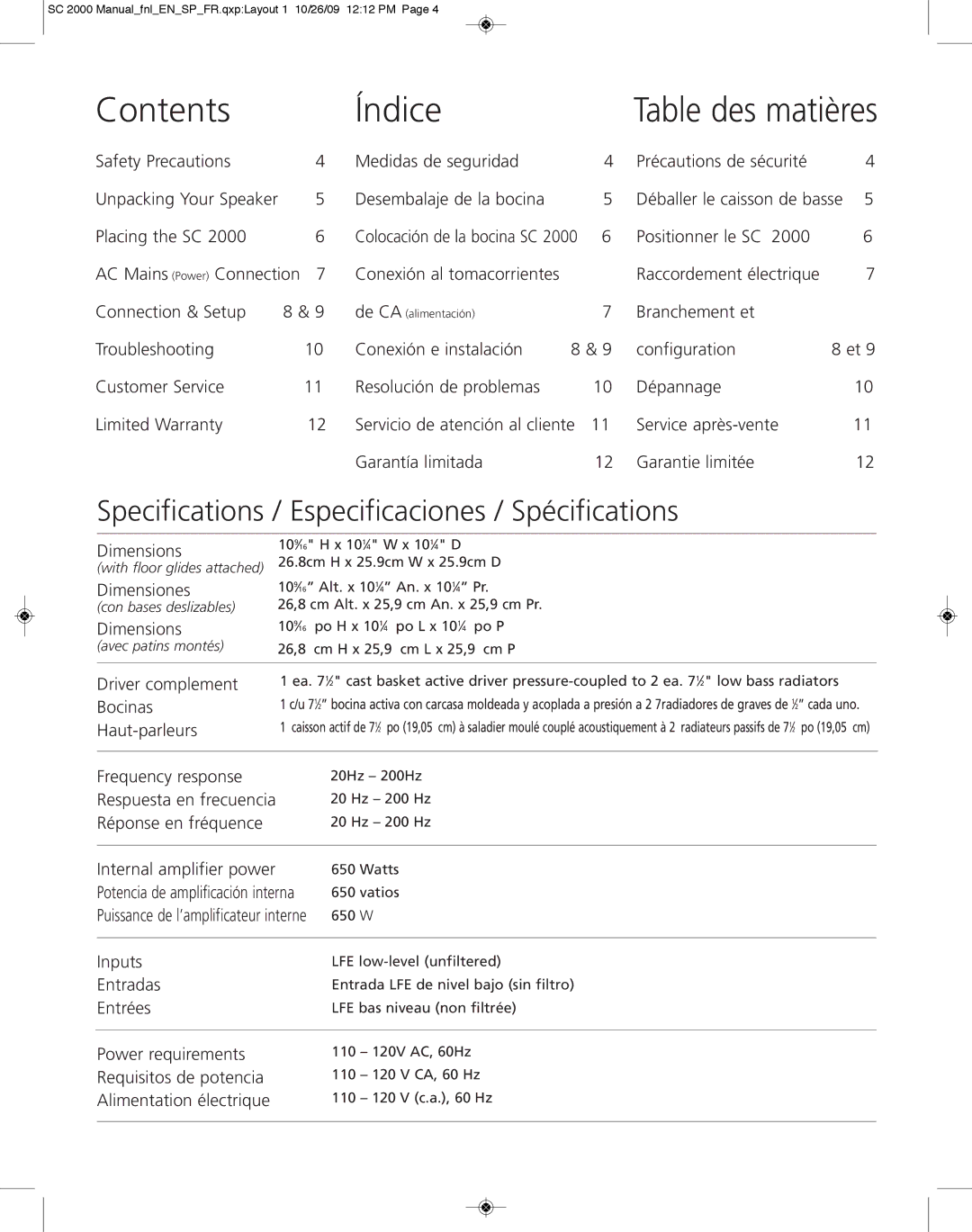 Definitive Technology 2000 owner manual Contents Índice 