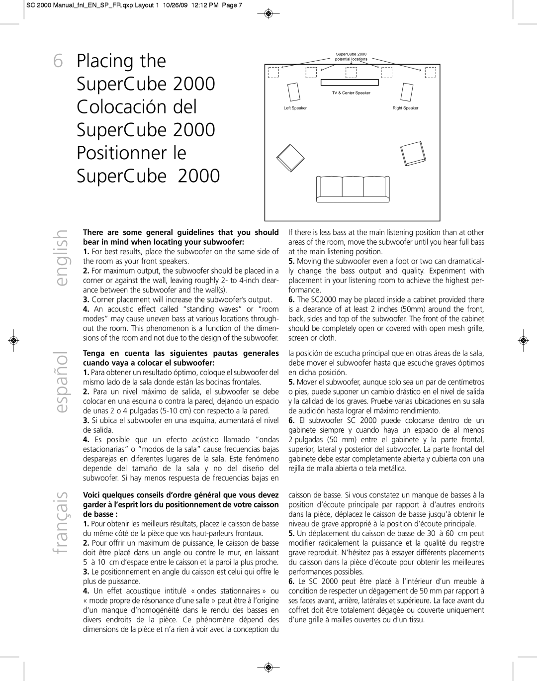 Definitive Technology 2000 owner manual Corner placement will increase the subwoofer’s output 