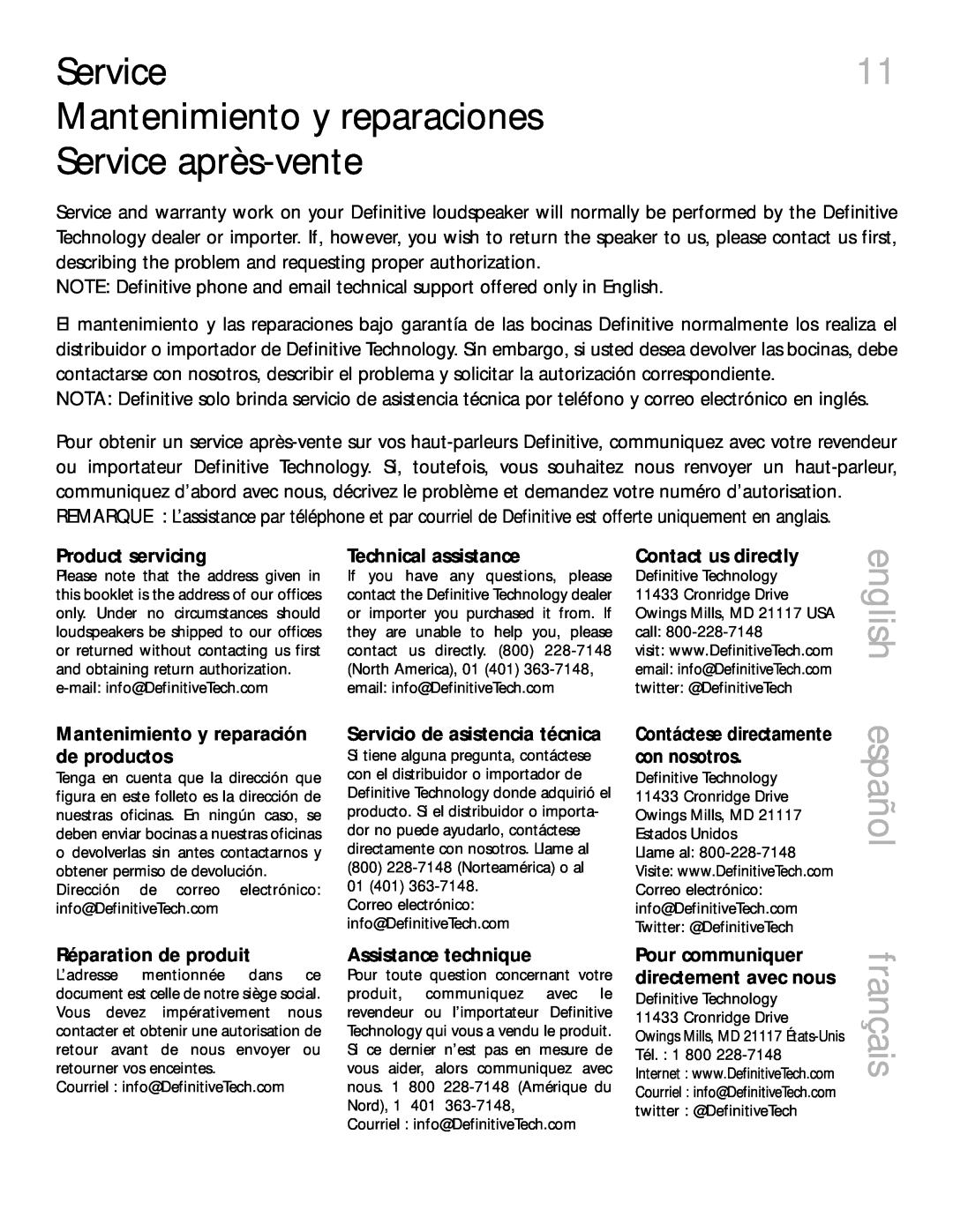Definitive Technology 2000 owner manual Mantenimiento y reparaciones Service après-vente, español français, english 