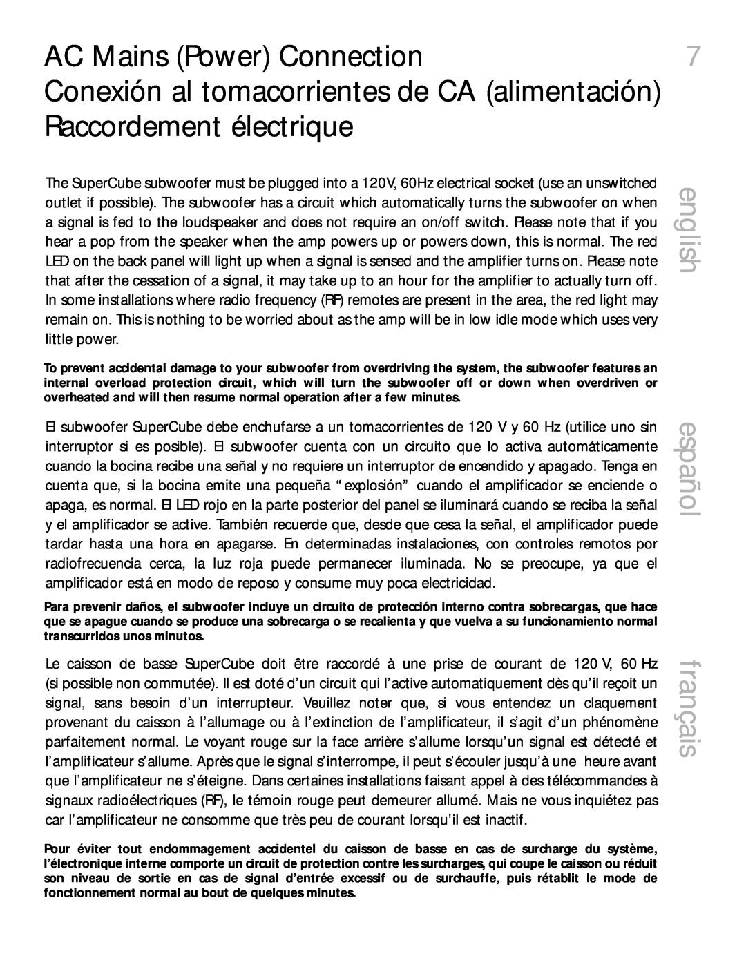 Definitive Technology 2000 owner manual AC Mains Power Connection, english, español, français 