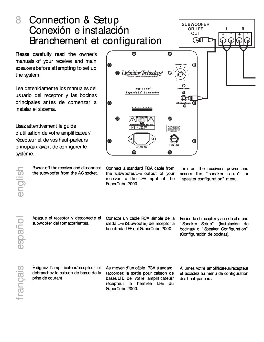 Definitive Technology 2000 owner manual 8Connection & Setup Conexión e instalación, Branchement et configuration 