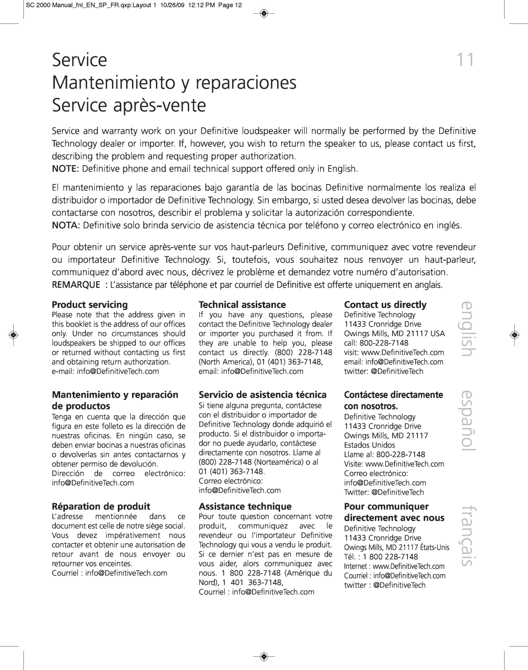 Definitive Technology 2000 owner manual Mantenimiento y reparaciones Service après-vente, español français, english 