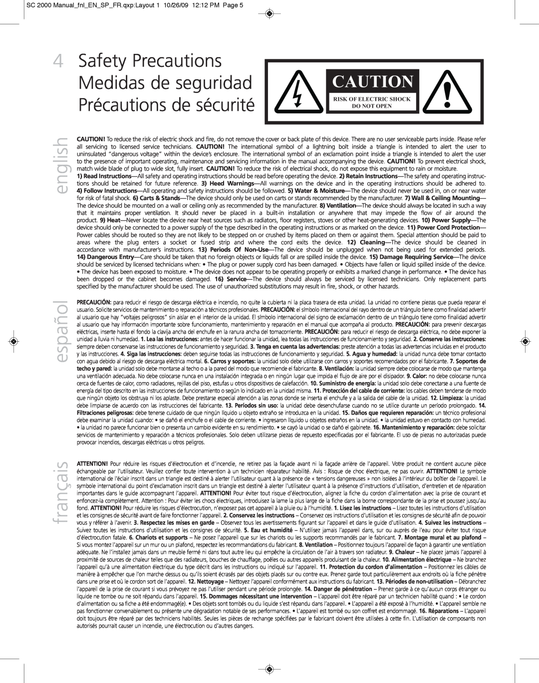 Definitive Technology 2000 owner manual english, español, français, Risk Of Electric Shock, Do Not Open 