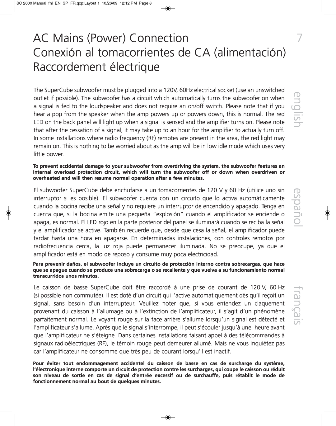 Definitive Technology 2000 owner manual AC Mains Power Connection, english, español, français 