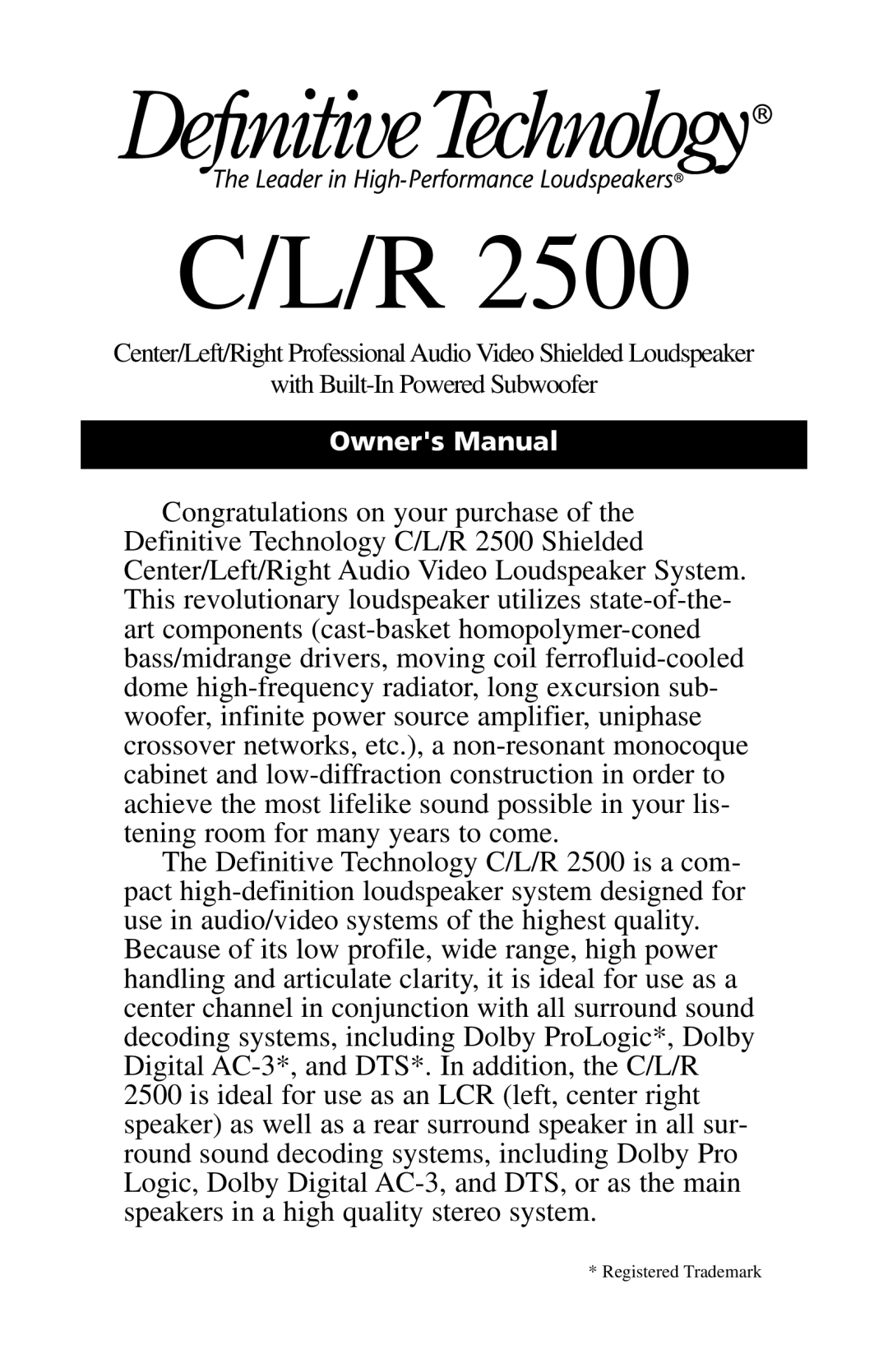 Definitive Technology 2500 owner manual Registered Trademark 