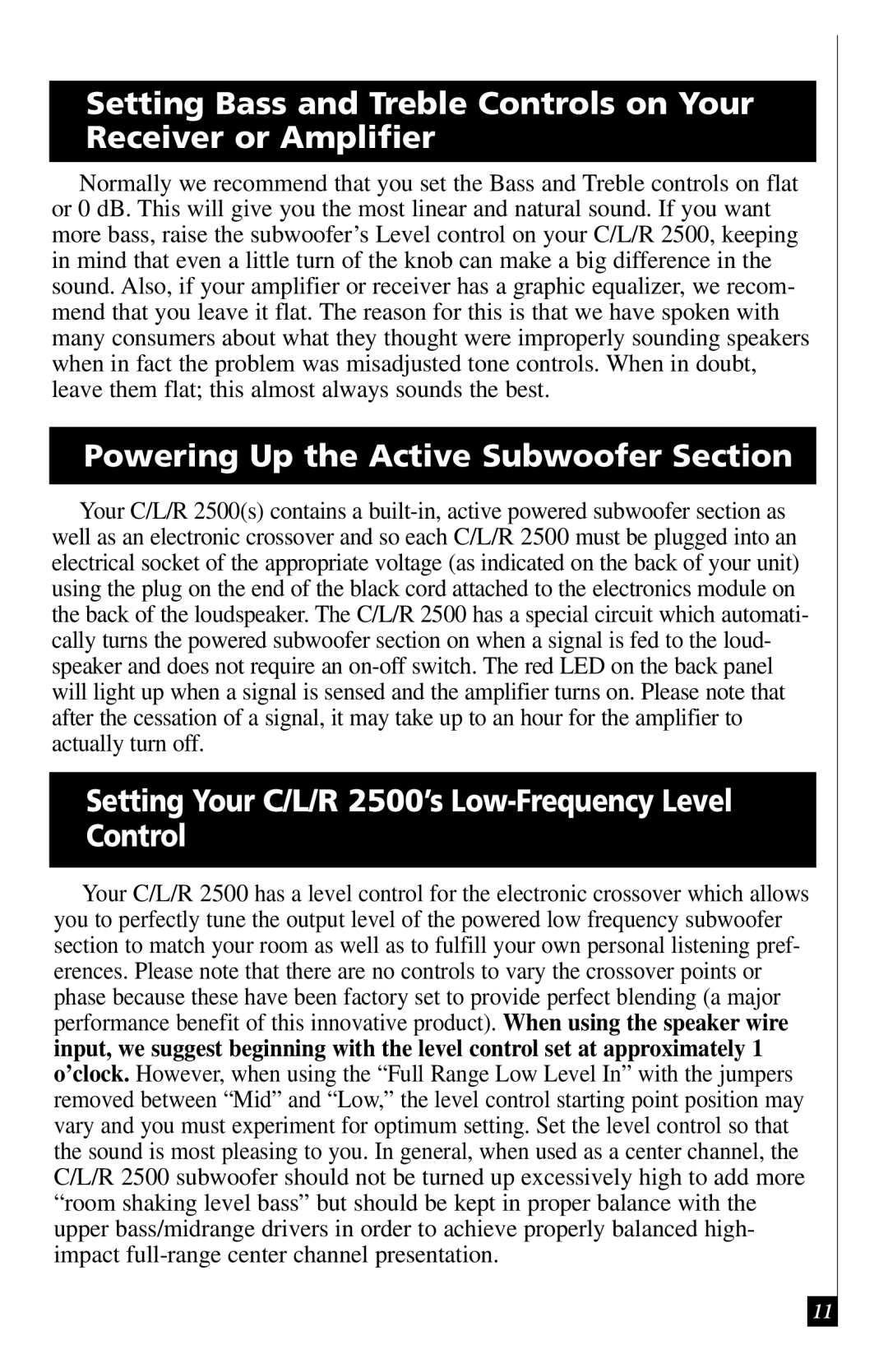 Definitive Technology Powering Up the Active Subwoofer Section, Setting Your C/L/R 2500’s Low-Frequency Level Control 