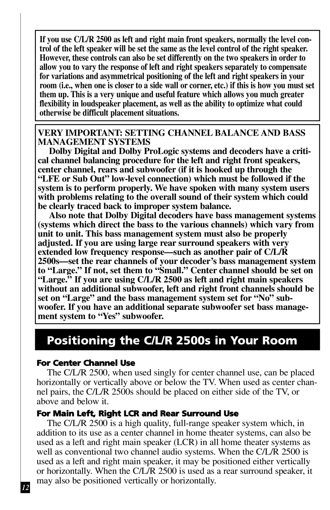 Definitive Technology owner manual Positioning the C/L/R 2500s in Your Room 