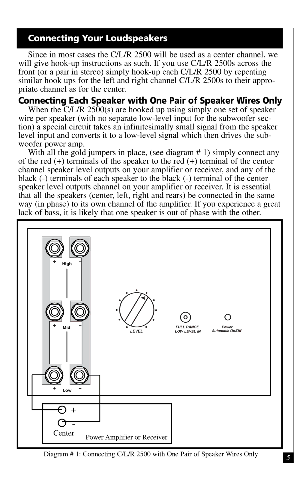 Definitive Technology 2500 owner manual Connecting Each Speaker with One Pair of Speaker Wires Only 