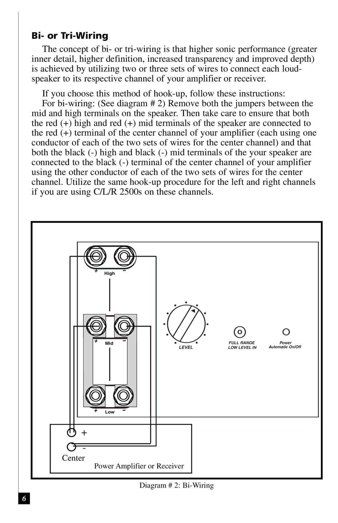 Definitive Technology 2500 owner manual Bi- or Tri-Wiring 