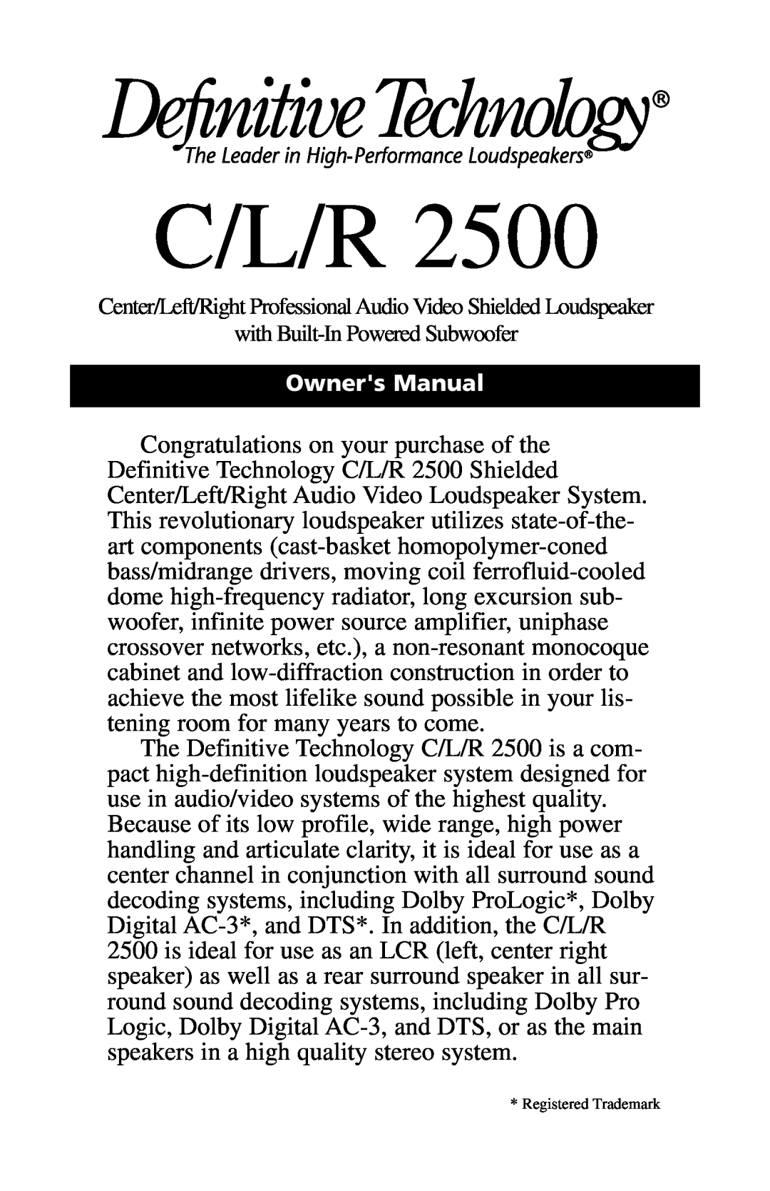 Definitive Technology 2500 owner manual C/L/R 