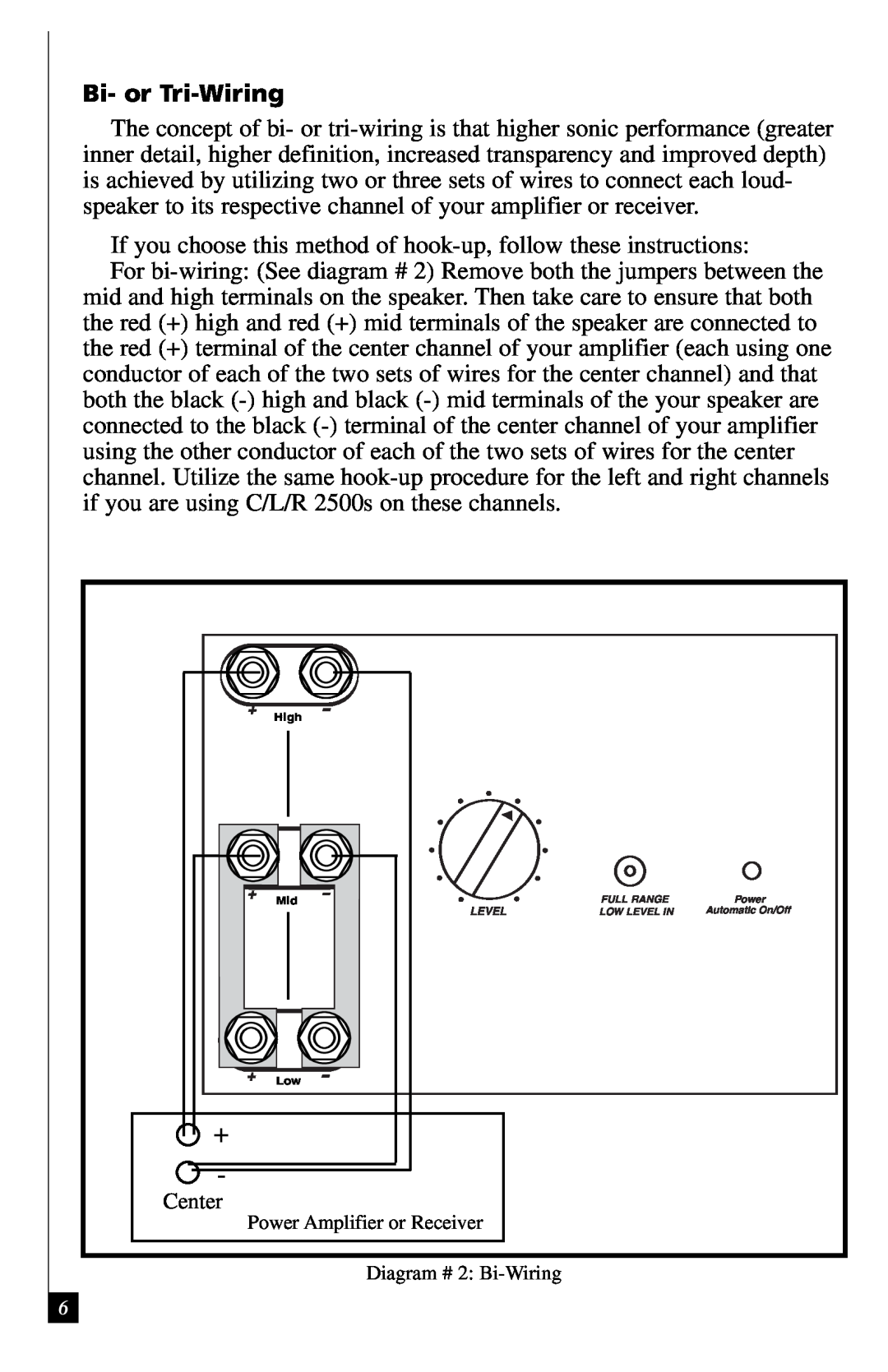 Definitive Technology 2500 owner manual Bi- or Tri-Wiring 