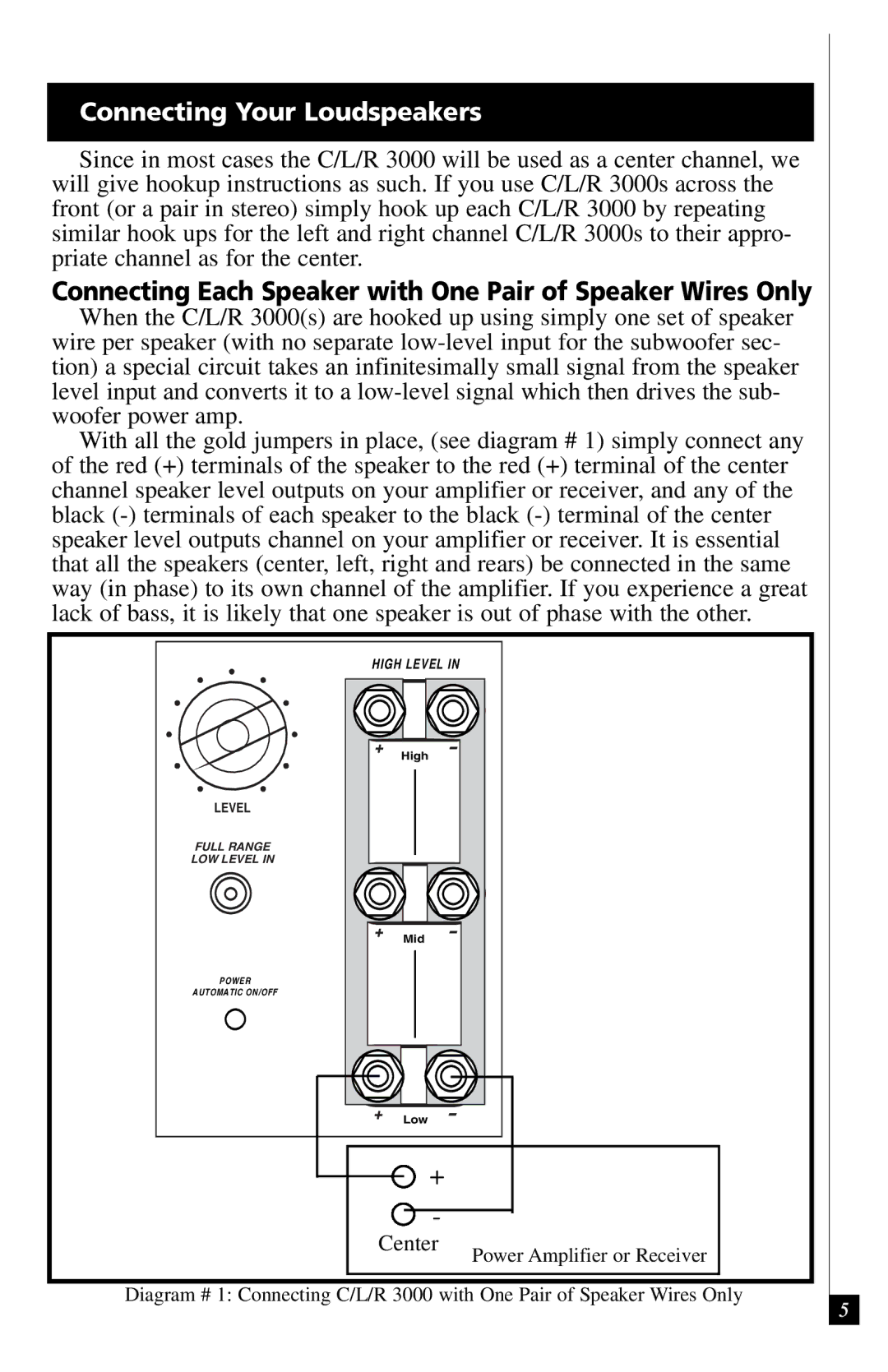 Definitive Technology 3000 owner manual Connecting Each Speaker with One Pair of Speaker Wires Only 