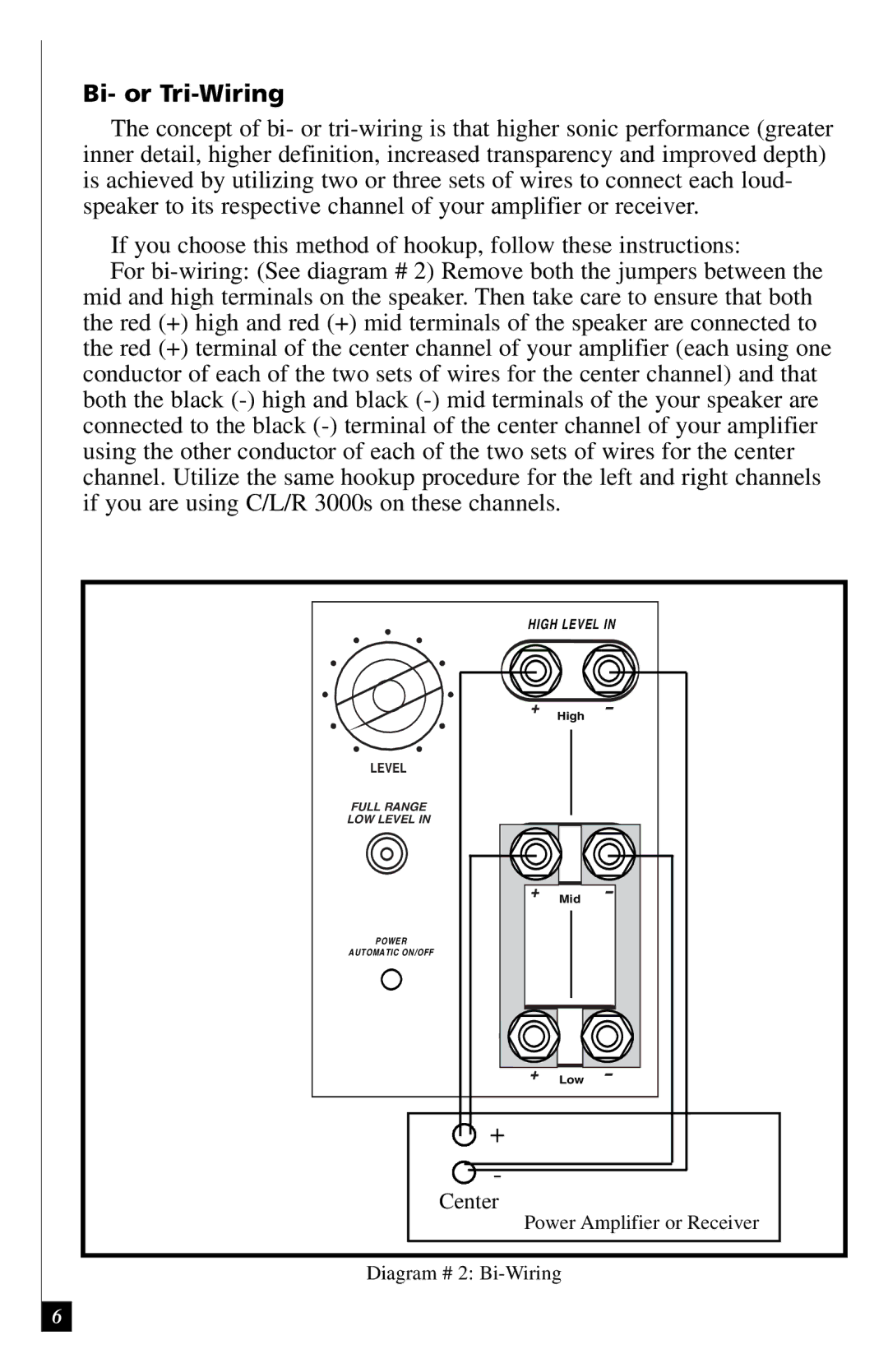 Definitive Technology 3000 owner manual Bi- or Tri-Wiring 