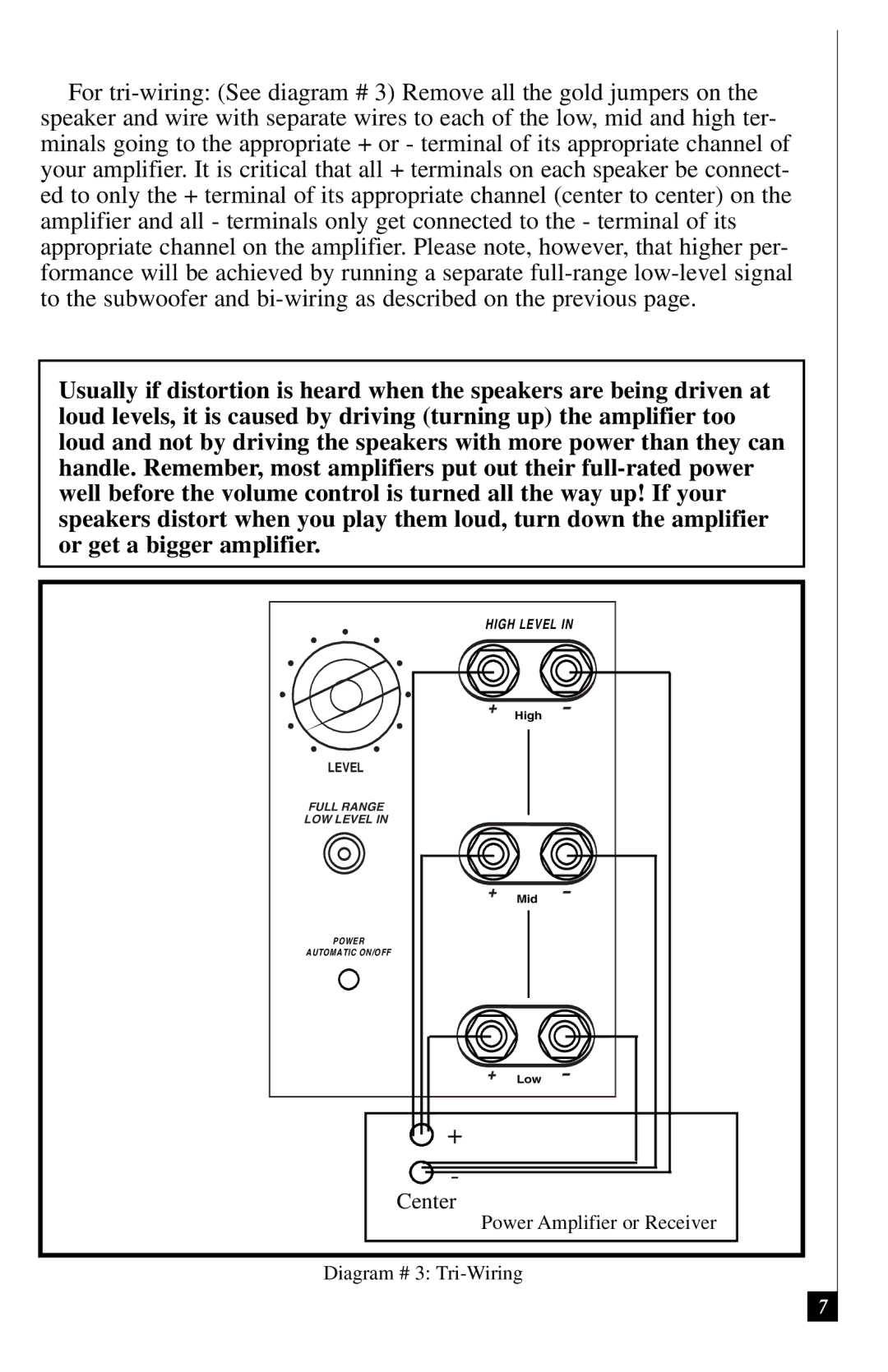 Definitive Technology 3000 owner manual Power Amplifier or Receiver Diagram # 3 Tri-Wiring 