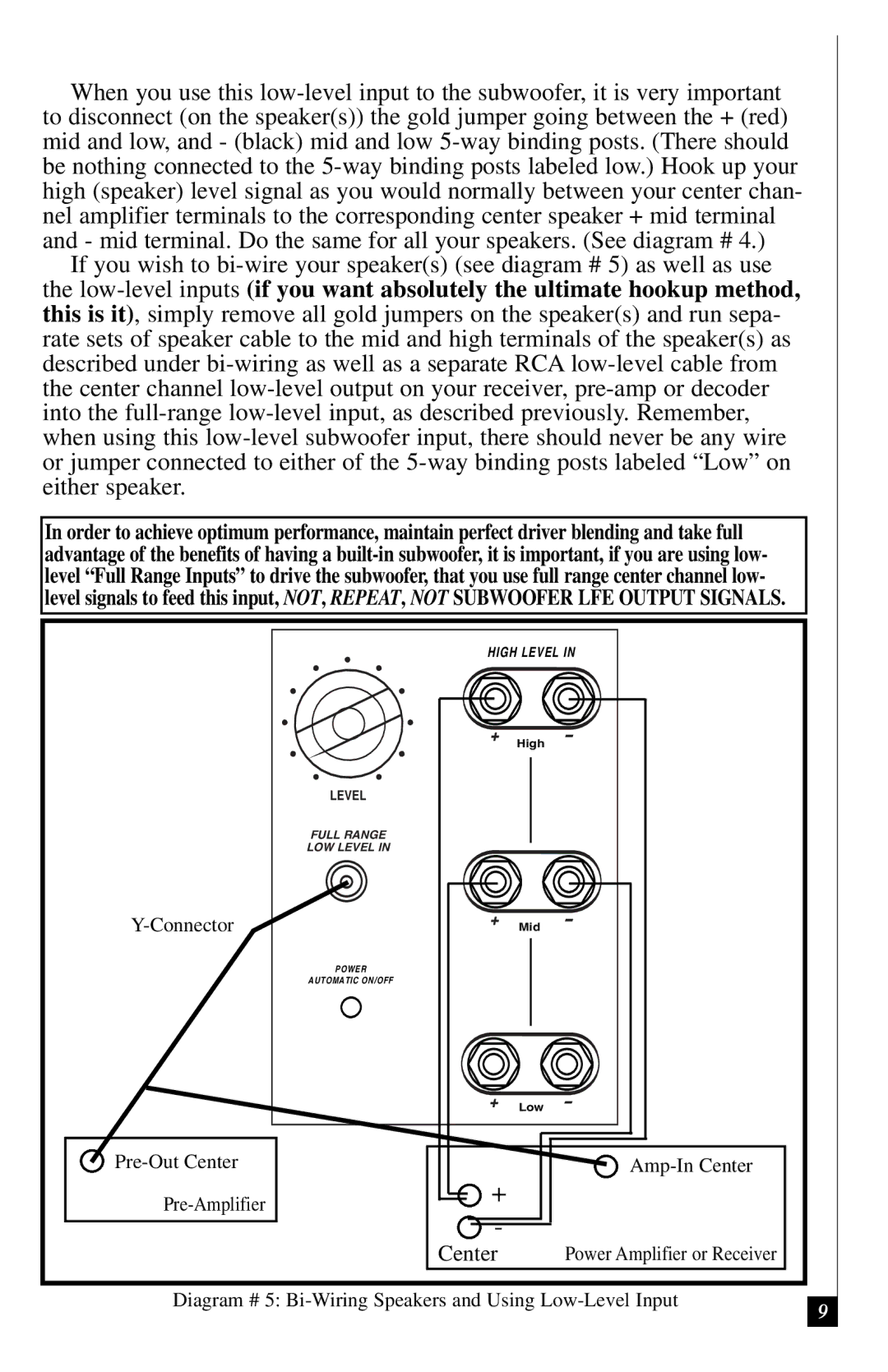 Definitive Technology 3000 owner manual Diagram # 5 Bi-Wiring Speakers and Using Low-Level Input 