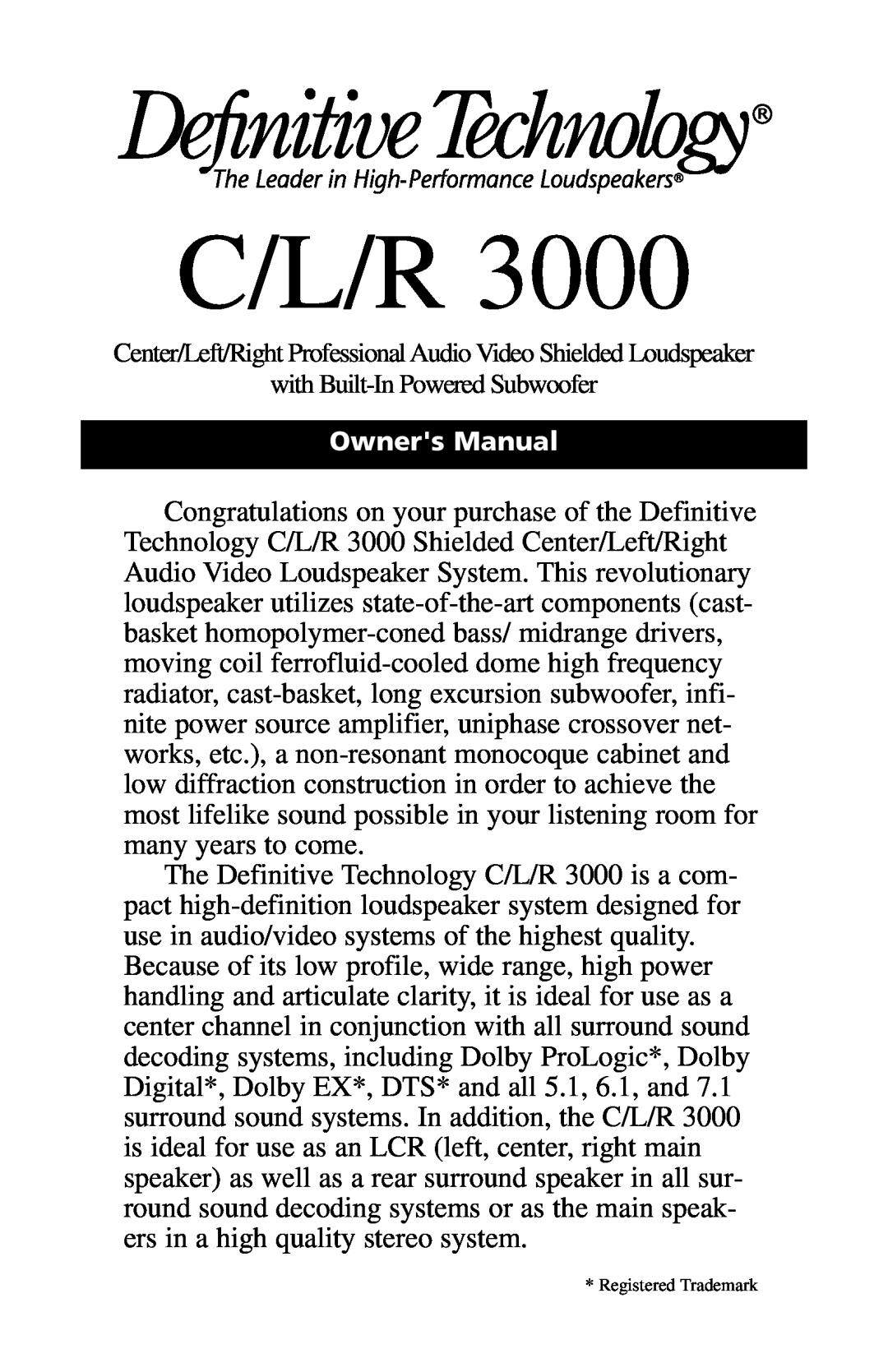 Definitive Technology 3000 owner manual C/L/R 
