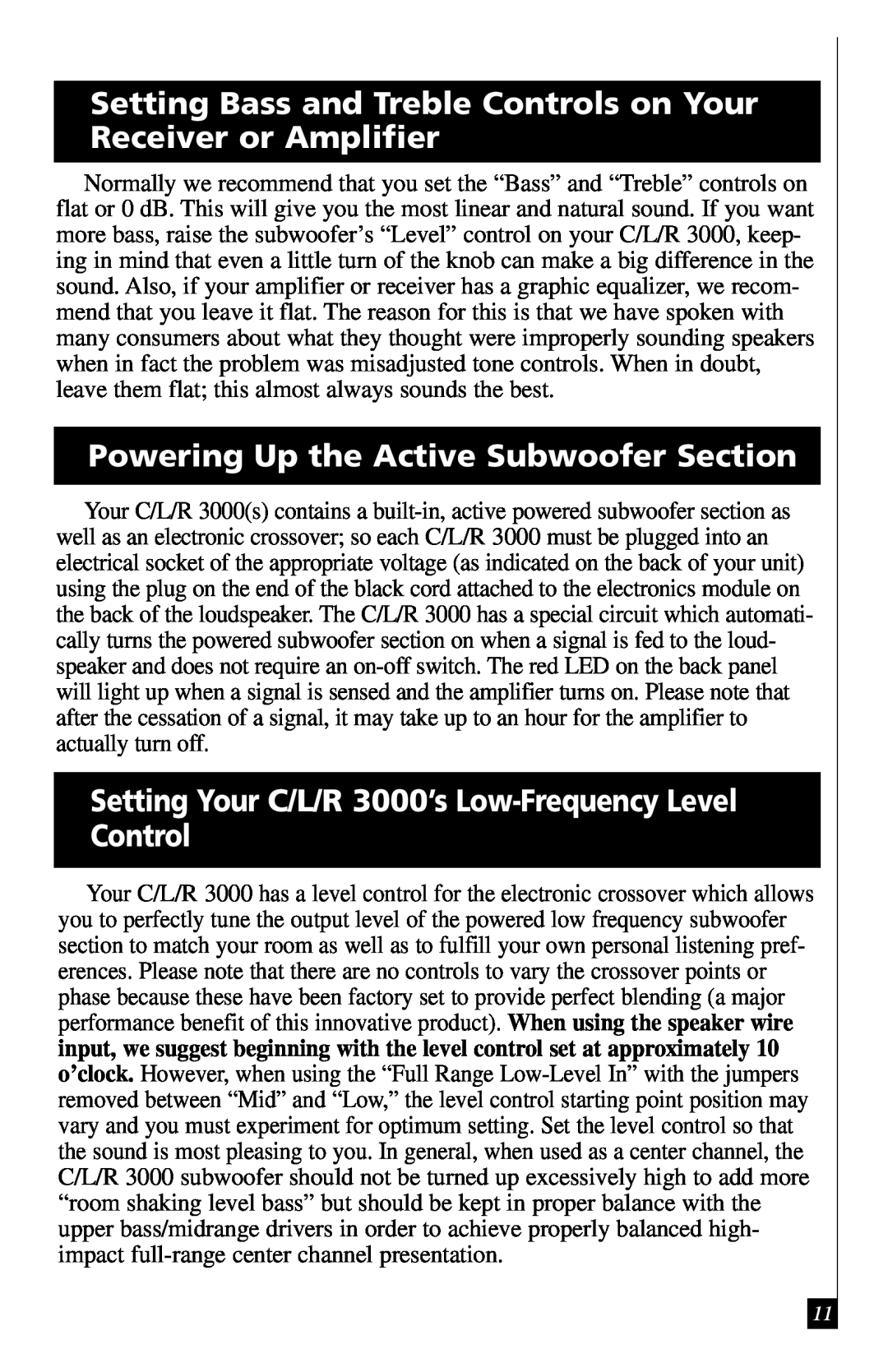 Definitive Technology 3000 owner manual Powering Up the Active Subwoofer Section 