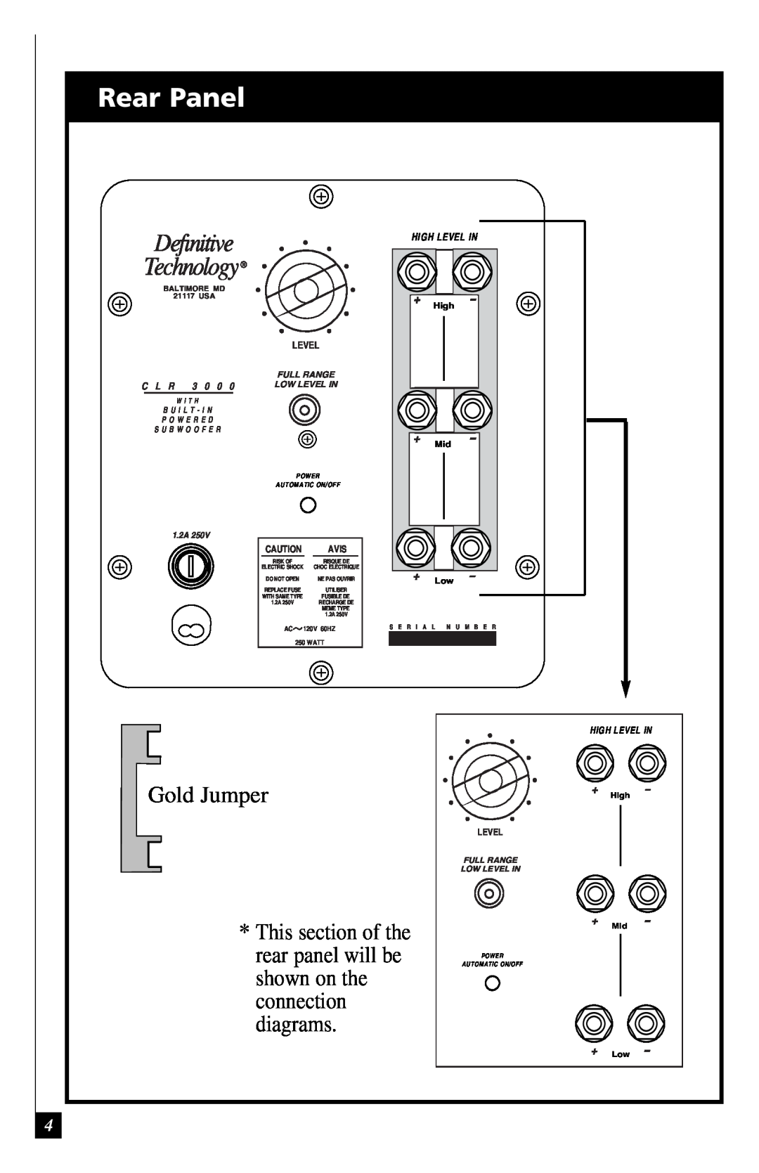 Definitive Technology 3000 Gold Jumper, rear panel will be, shown on the, connection, diagrams, High Level In, Full Range 