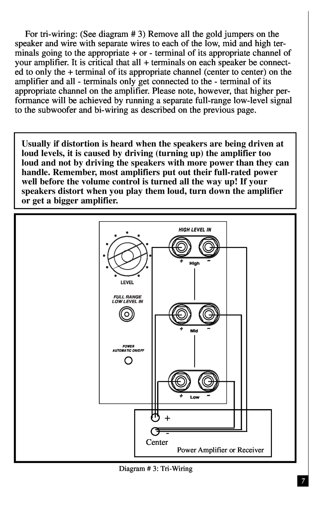 Definitive Technology 3000 owner manual Power Amplifier or Receiver, Diagram # 3 Tri-Wiring, Low Level In 