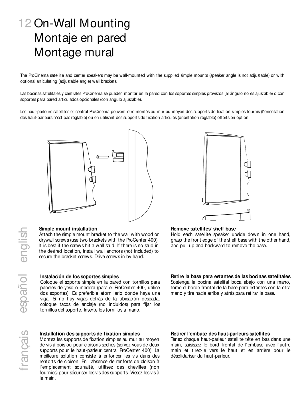 Definitive Technology 400 owner manual On-Wall Mounting Montaje en pared Montage mural, Español english 