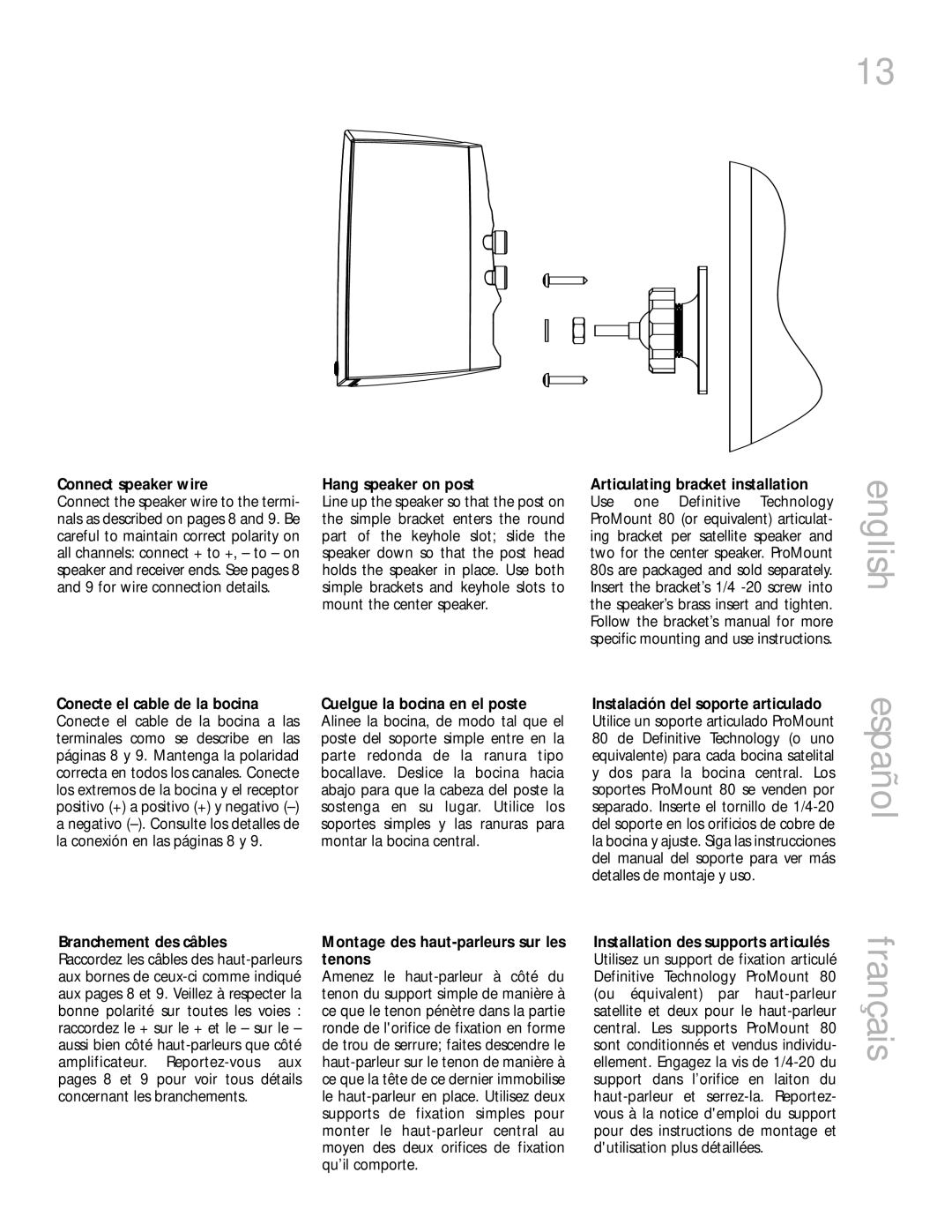 Definitive Technology 400 owner manual English español, Connect speaker wire, Hang speaker on post, Branchement des câbles 