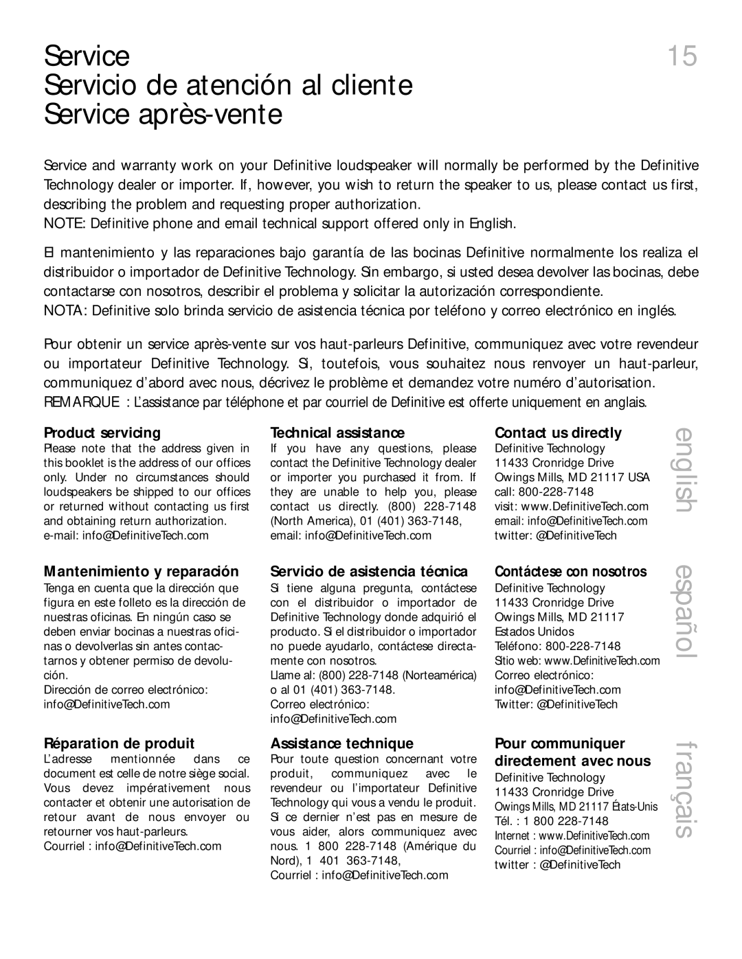 Definitive Technology 400 owner manual Service Servicio de atención al cliente Service après-vente, Product servicing 